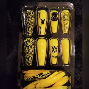 Yellow Black Luxury Salon Press On Nails Fashion Logo Design Long Coffin Glossy